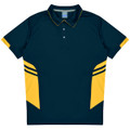 Navy blue polo shirt featuring yellow accents and stripes, with a collar and button placket. Includes a logo.