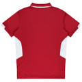 A red polo shirt with white accents on the sides and a collar. The shirt has a logo on it.