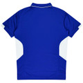 A blue polo shirt featuring white side panels and a collar, with branding on the front.