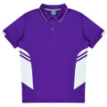 A purple polo shirt with white side panels and a collar, featuring a logo on the chest.