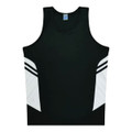A black singlet with white accents and a logo on the front. It features a sleeveless design.