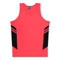 A bright pink singlet with black panels and stripes, featuring a logo on the neckline.