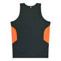 A dark green singlet with orange side panels. The garment has a minimalist design and includes a logo.