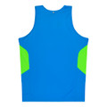 A blue singlet with green side panels and a small logo. Ideal for active wear.