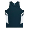 A black and white singlet featuring contrast stripes and a branded label. Suitable for kids.