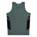 A grey singlet with black side panels and stripes, featuring a branding logo.