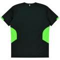 A black T-shirt with vibrant green side panels and a logo. The back is plain and features a round neckline.