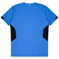 A blue T-shirt with black side panels and a tag at the neck; features a simple, sporty design.