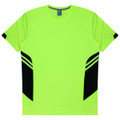 A bright neon yellow t-shirt featuring black accent stripes on the sides and a logo on the neckline.