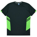 A dark green t-shirt with bright green accents and black stripes on the sides. It has a branded logo.