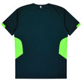 A T-shirt featuring a black base with bright green accents on the sides and a logo on the back.
