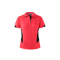 A red polo shirt for women featuring black side panels and a collar. Includes branding on the label.