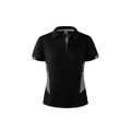 A black polo shirt with grey accents, featuring a collar and a logo on the front.