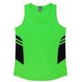 A bright green singlet with black side panels and a V-neck design, featuring a logo on the label.