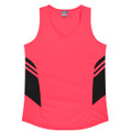 A pink singlet featuring black accents and side stripes, designed for women's wear, with a logo present.
