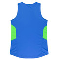 A blue singlet featuring green side panels and a logo. Designed for women's activewear.
