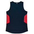 A sleeveless singlet in navy with red side panels, featuring a logo on the back.