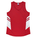 A red singlet featuring white side panels and stripes, with a branded logo on the upper part.