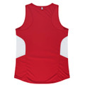 A red singlet with white side panels and a branding logo on the back.