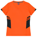 An orange V-neck T-shirt with black side panels and stripes. It features a logo on the label.