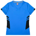 A blue women's t-shirt featuring black side panels and a v-neck design. The shirt includes a logo.