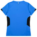A blue women's t-shirt with black side panels and a logo. The back features a sporty design.