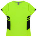 A bright yellow women's T-shirt featuring black side accents and a V-neck design. It has a logo on the label.