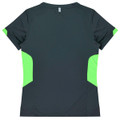 A dark grey t-shirt with lime green accents on the sides, featuring a logo.