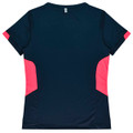 A navy blue t-shirt with pink accents on the sides and a logo at the back.