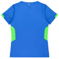 A blue T-shirt with green side panels and a logo on the back. Styled for women's wear.
