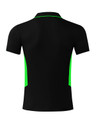 A black polo shirt with green side panels, featuring a collar and short sleeves. It has a logo.