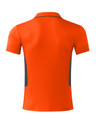 A bright orange men's polo shirt featuring grey accents and a logo on the back.
