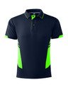 A navy blue polo shirt with vibrant green accents and a subtle logo on the chest area.