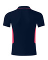 A navy polo shirt featuring pink panels, displaying a simple design and a logo on the back.