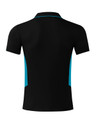 A black polo shirt featuring turquoise accents and a logo. The shirt has a classic fit with a collar and short sleeves.