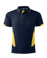 A navy blue and yellow polo shirt featuring a collar and short sleeves, with colour accents on the sides and a logo.