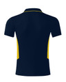 A navy blue polo shirt with yellow side accents and a collar, featuring a logo on the front.