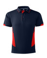A navy and red men's polo shirt with a collar and short sleeves, featuring contrasting side panels and a logo.
