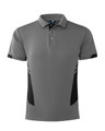A grey polo shirt with black accents, featuring a collar and a logo on the upper section.