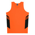 An orange singlet featuring black side panels and a logo on the front. Ideal for kids' casual wear.