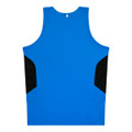 A blue singlet with black side panels and a logo on the back. 