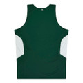 A green singlet with white side panels and a logo on the back.