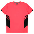A coral red t-shirt with black accent stripes on the sides and a logo on the neckline.
