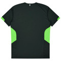 A black and bright green children's T-shirt featuring a logo on the back.