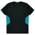 A dark green T-shirt with aqua blue side panels and a plain back, featuring a logo.