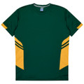 A green t-shirt featuring yellow accents and a logo, designed for kids.