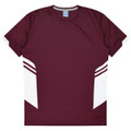 A maroon T-shirt with white panels and a logo. Suitable for kids, featuring a sporty design.