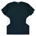 A dark green T-shirt featuring white detailing on the sides, with a logo on the back.