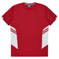 A red T-shirt featuring white and grey design elements and a branding logo.