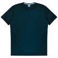 A dark green T-shirt featuring a logo, with contrasting side panel details. Suitable for kids.